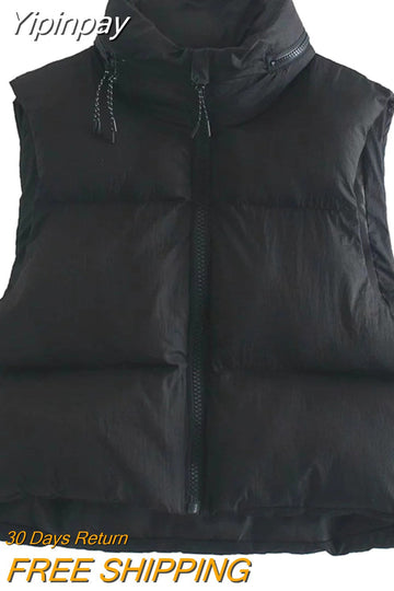 Yipinpay 2023 Winter Black Cropped Vest Coat Women Fashion Keep Warm Sleeveless High Collar Zip Up Wasitcoats Woman Casual Vest Top